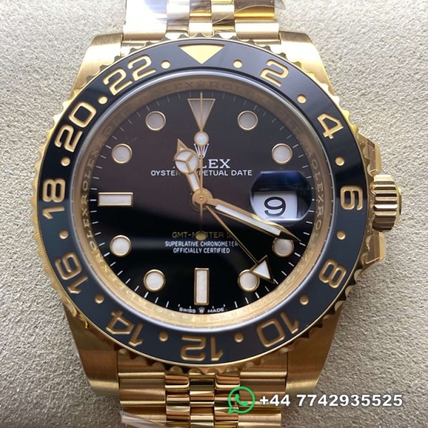 Clean Factory Rolex GMT Master II Replica Watches M126718GRNR-0001 Gold Watch Black Dial 